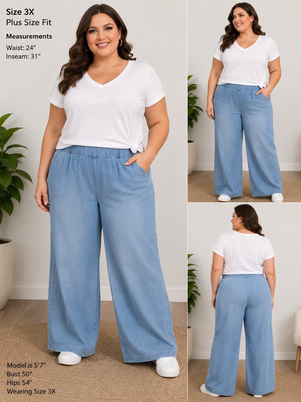 Wendy Williams 3X Chambray Pull On Wide Leg Pants Light Wash Plus Size